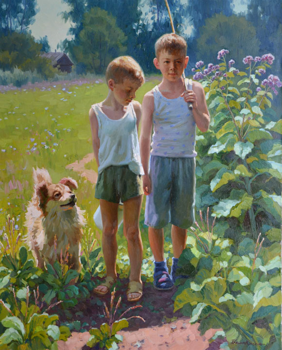 With fishing, Evgeny Balakshin- painting, summer day, holiday, kids, dog, fishing