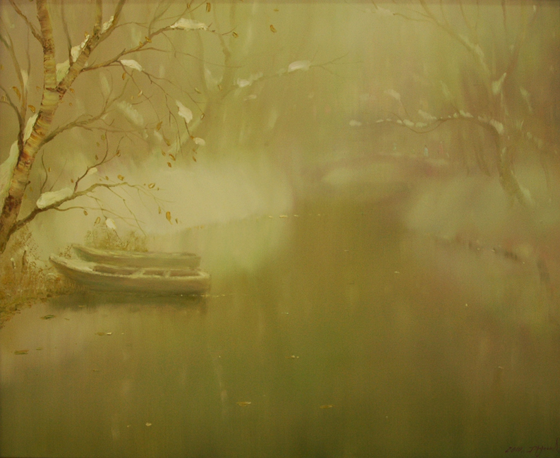Spring fog, Konstantin Drugin- painting fog in forest, spring, boat on the river