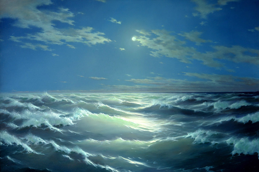 The moon and sea, George Dmitriev- painting, night sea, moon, lunar path, waves