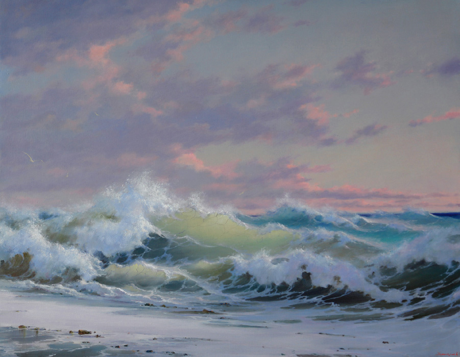 Fresh breeze, George Dmitriev- painting, seascape, waves, seagulls over the sea, clouds