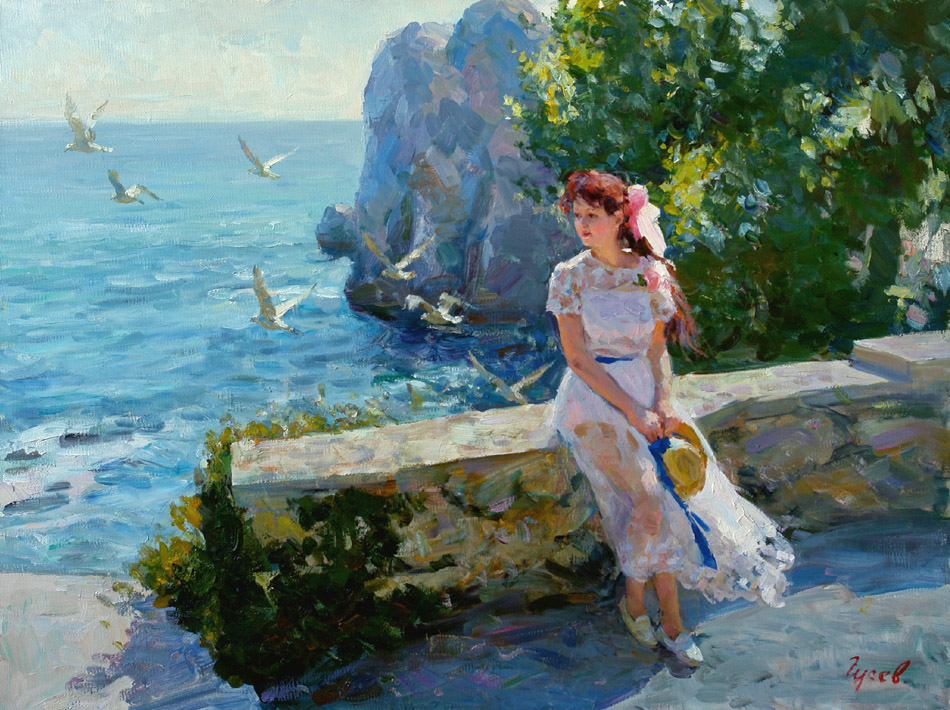 Fresh wind, Vladimir Gusev- painting, walking, girl, sea, gulls, impressionism