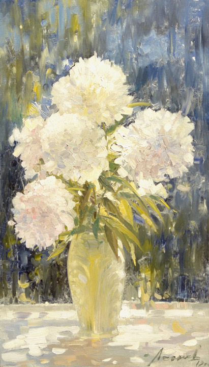 Цветы, Олег Леонов- картина, букет цветов в вазе, белые пионы, импрессионизм