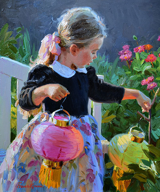 Китайские фонарики, Евгений Балакшин- картина, летний день, девочка в саду, китайские фонарики