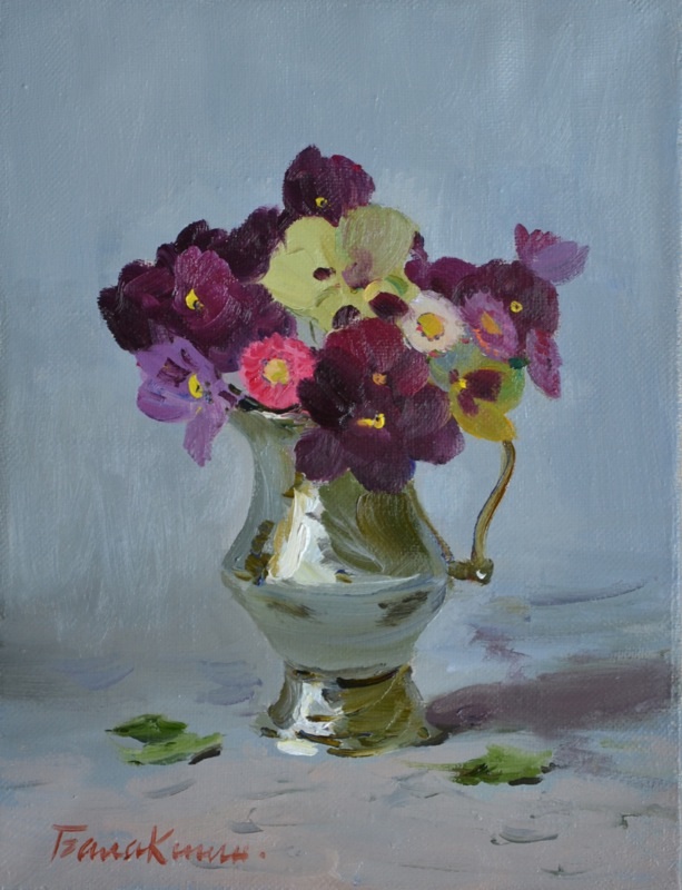 Small bouquet, Evgeny Balakshin- painting, flowers in a vase, a still life, realism