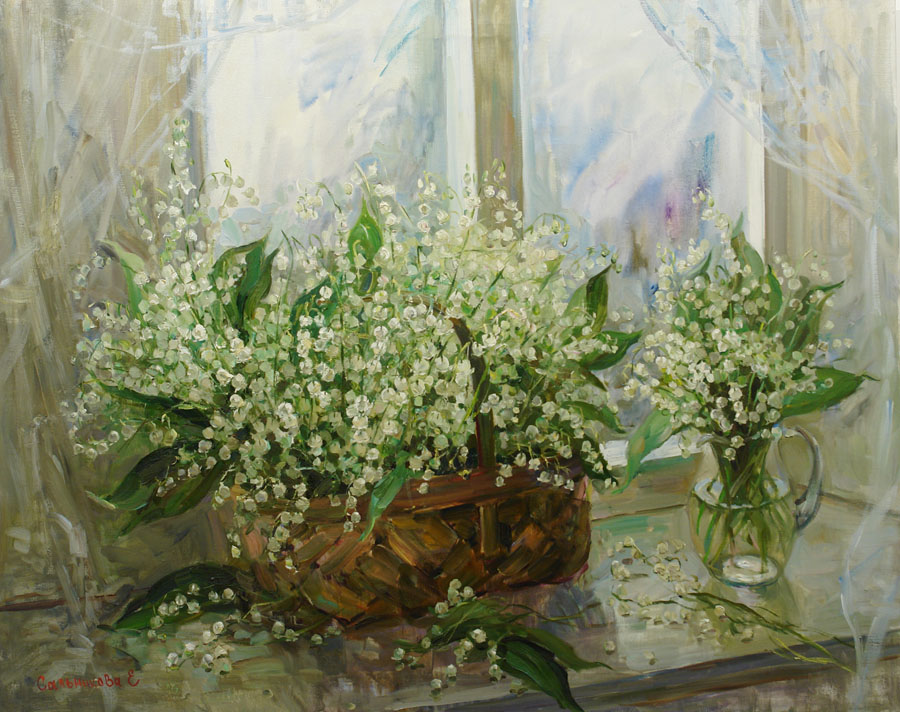 Lilies of the valley, Elena Salnikova- painting, still life with bouquets of lilies of the valley