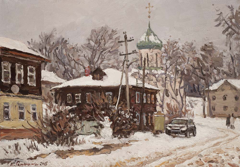 В далеком Переславле, Евгений Ромашко- картина, окраина города, зимний городской пейзаж, церковь