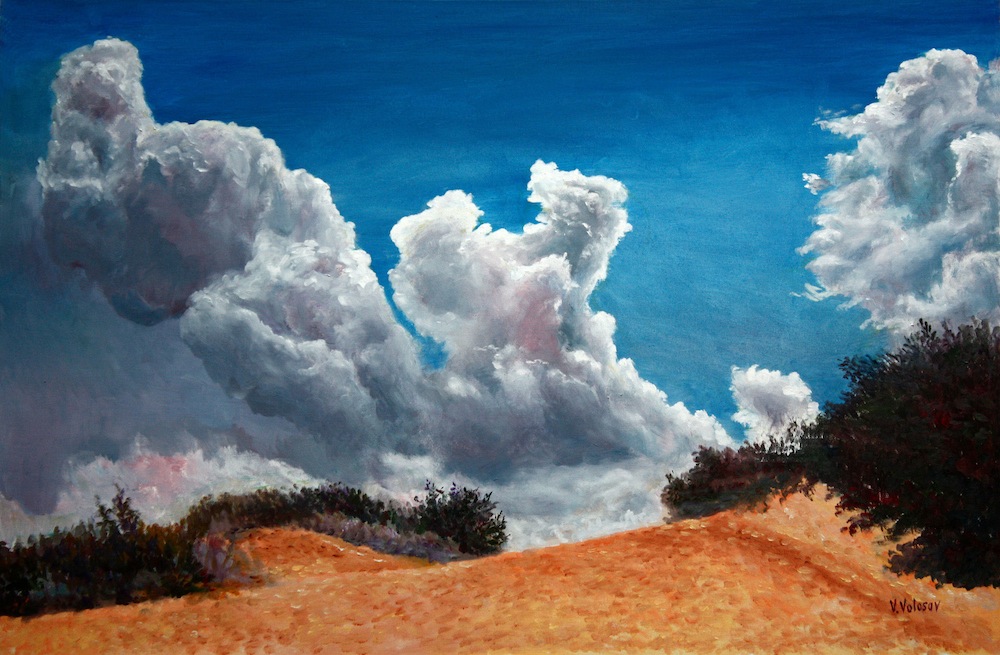 Vastness, Vladimir Volosov- painting, road, clouds, blue sky, space, landscape