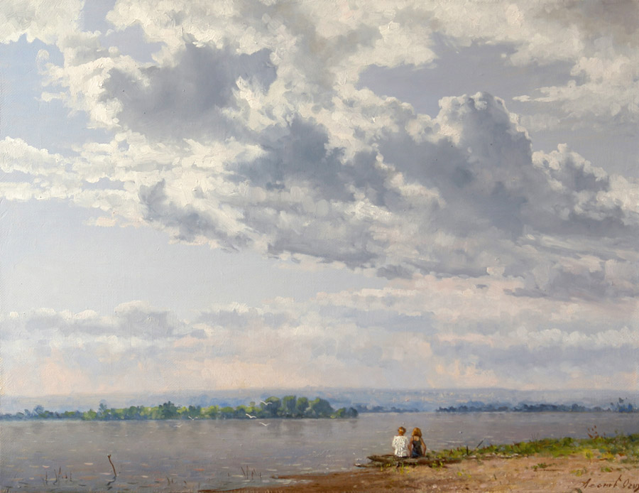 Волжские просторы, Олег Леонов- картина, летний день, река Волга, облачное небо, дети