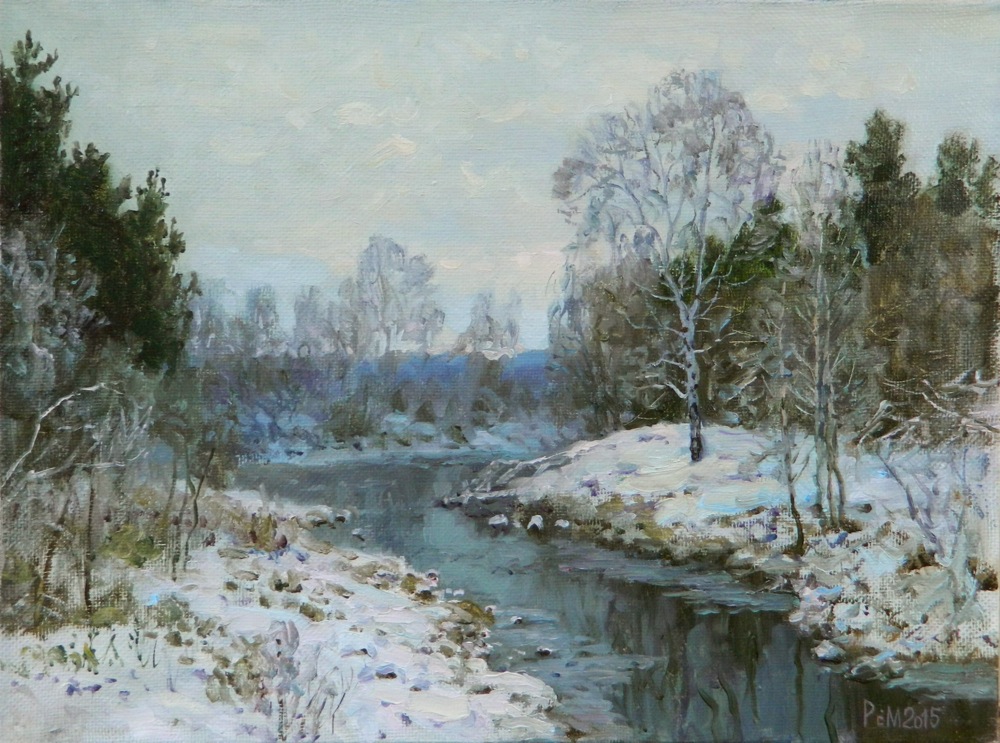 Теплый февраль, Рем Сайфульмулюков- картина, зимний пейзаж, лес, река, снег, березы, реализм