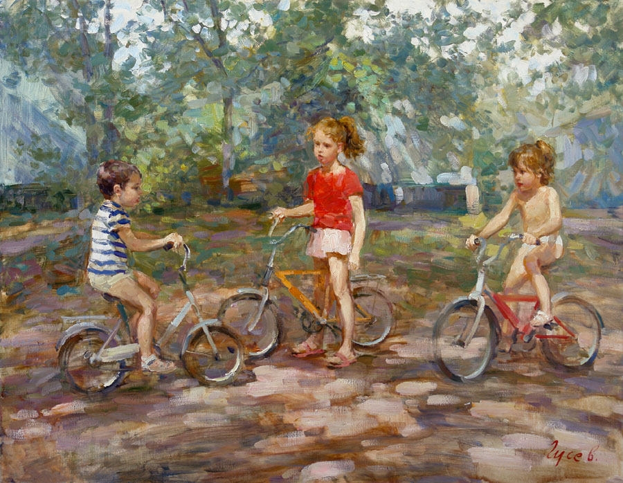 Лето, Владимир Гусев- картина, летний день, дети, прогулка на велосипеде