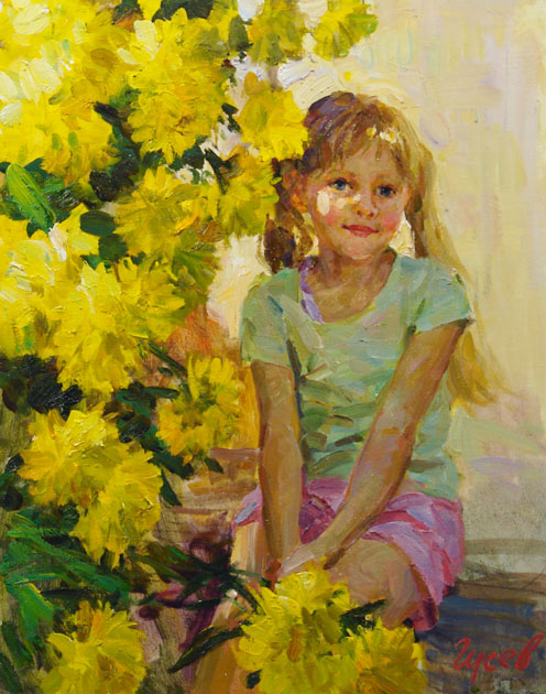 Золотые шары, Владимир Гусев- картина, лето, девочка, цветы, отдых