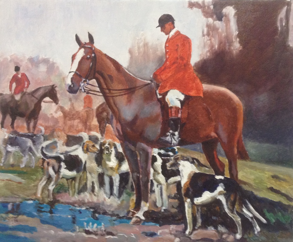 On the hunt, Sergey Postnikov- painting, hunting on horseback with hounds, rider, hunter