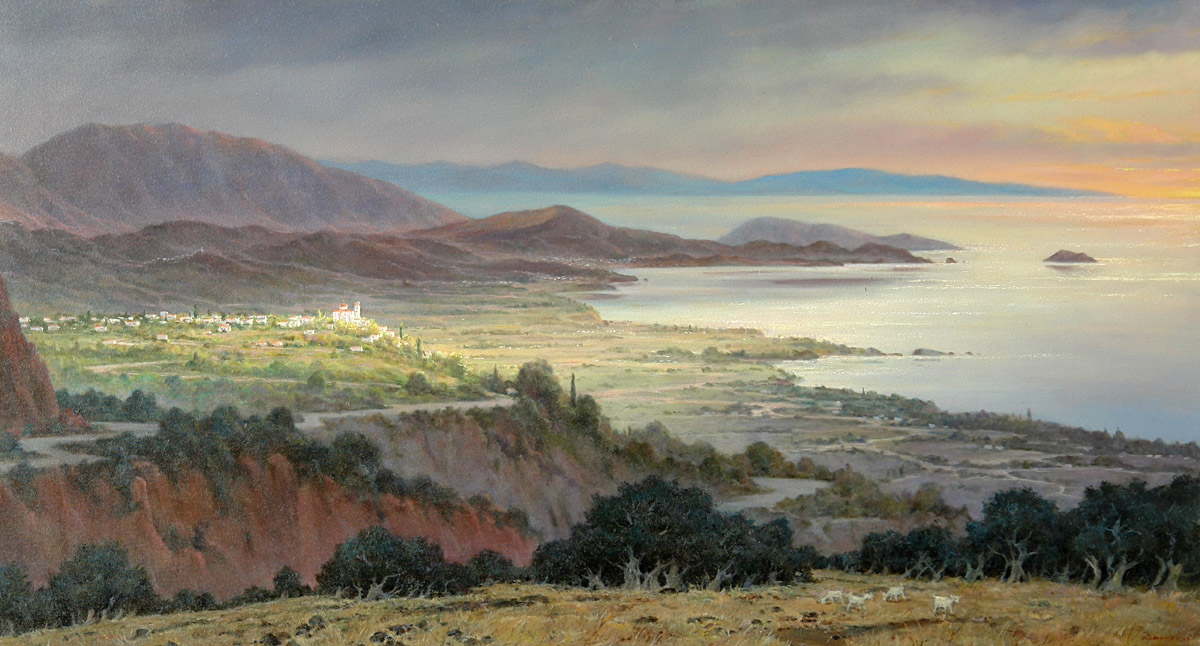 On northern coast of Crete, George Dmitriev- painting, Greece, sea, mountains, landscape, realism