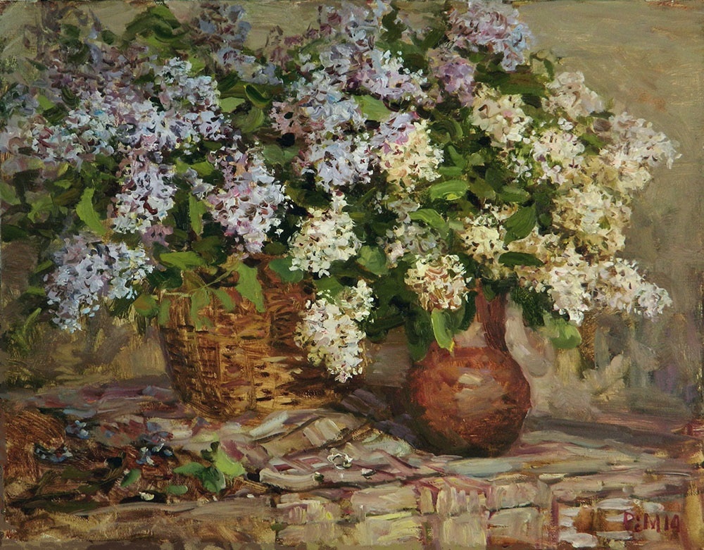 Lilac, Rem Saifulmulukov- painting, spring, lilac bouquet, flowers, still life,realism