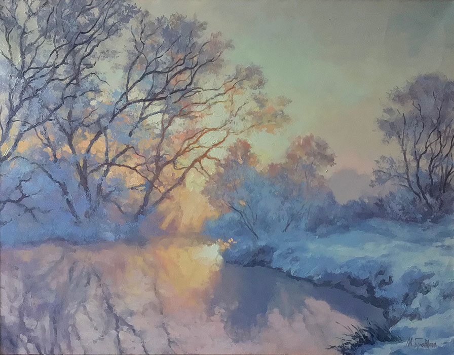 Sunlight, Mikhail Brovkin- painting, spring day, blue waters of the river, frost, snow,