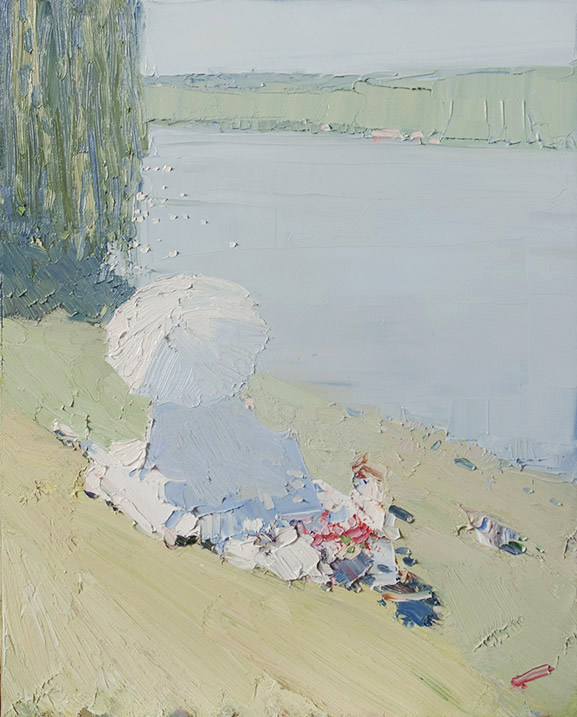 На берегу, Бато Дугаржапов- картина импрессионизм, пикник на реке,  девушка под зонтом