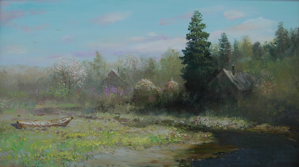 Банька под Муромом, Константин Дружин- картина, летний день, лодка на реке, домик в лесу