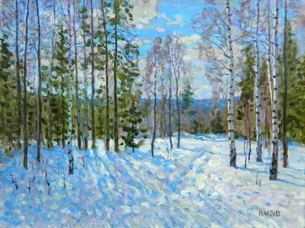 Солнечные тени #1, Рем Сайфульмулюков- картина, зимний день, солнце, лес, березки, пейзаж, реализм