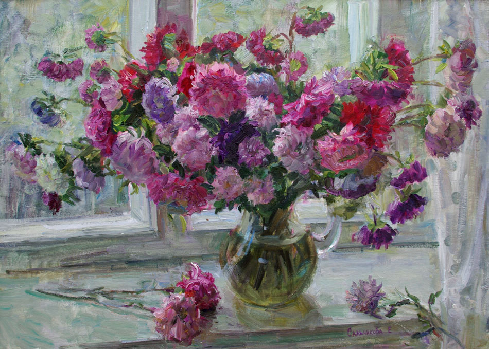 Астры на окне, Елена Сальникова- картина, букет цветов в вазе на окне, розовые астры, лето