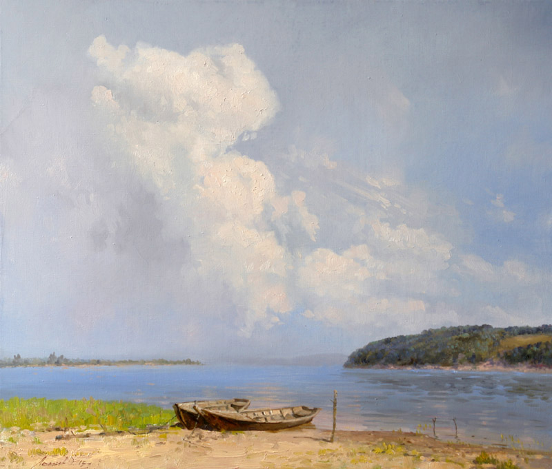Kokshaysky riverbank, Oleg Leonov- painting River Volga, a boat on the beach, summer, landscape