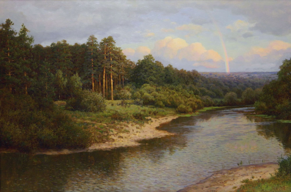 Радуга, Рем Сайфульмулюков- картина, лето, лес, сосны, река, пейзаж, реализм