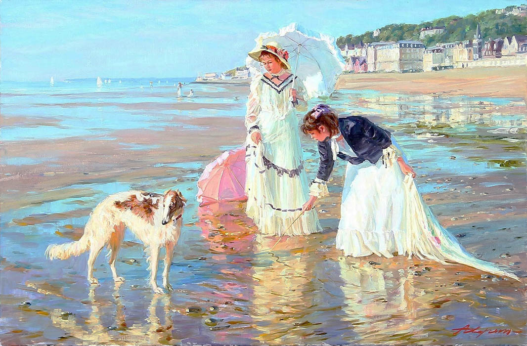 Walking along the shore. Normandy, Alexandr Averin- ea shore after the tide, two ladies, dog, painting
