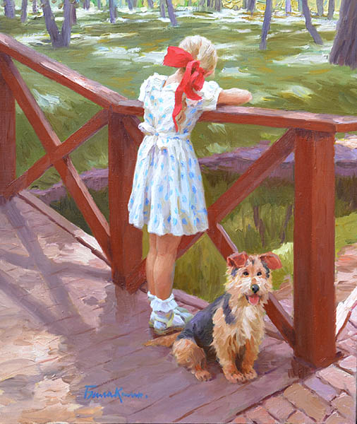 Friends, Evgeny Balakshin- girl with dog, painting, modern impressionism, the bridge