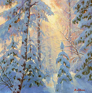 In the sunshine, a winter forest