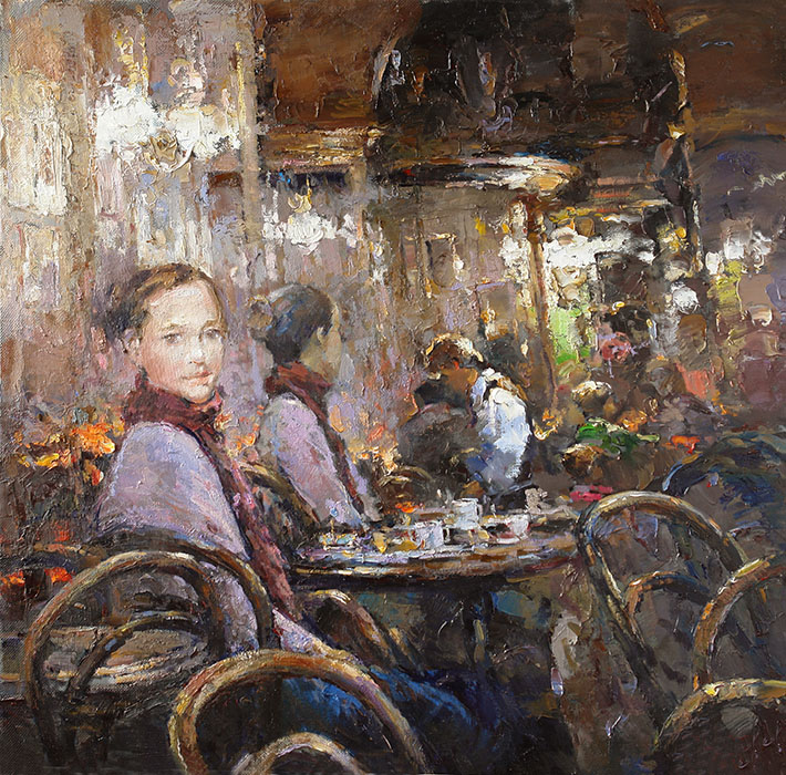 In the cafe, Alexi Zaitsev- devushki v parizhskom kafe, zhanrovaya kartina, impressioni
