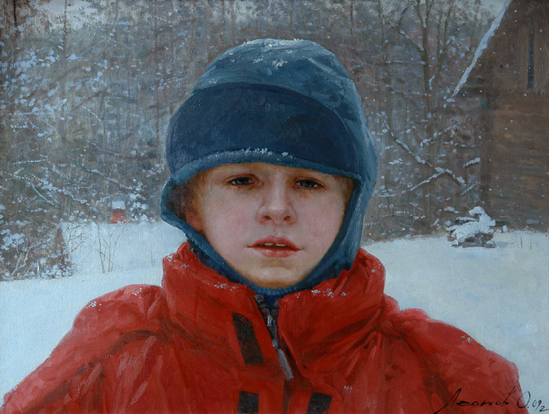 Portrait of Herman (not for sale), Oleg Leonov- painting, winter day, portrait of a boy, recreation