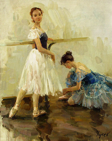 On rehearsal, Vladimir Gusev- painting, ballerina, rehearsal, impressionism