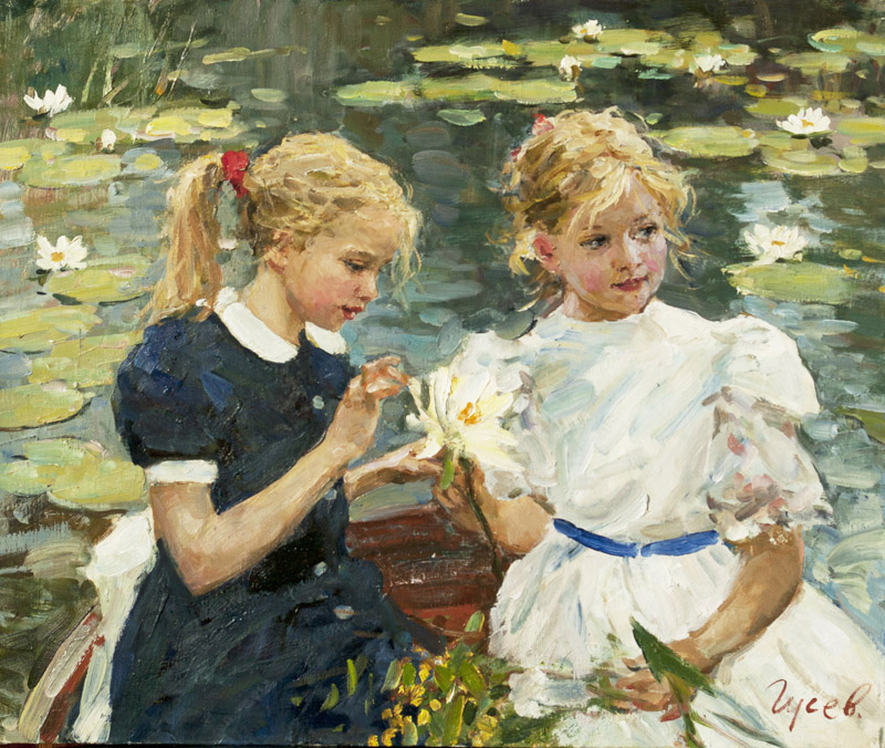 Water lilies, Vladimir Gusev- painting, summer, river, girl, boat, water lilies, flowers
