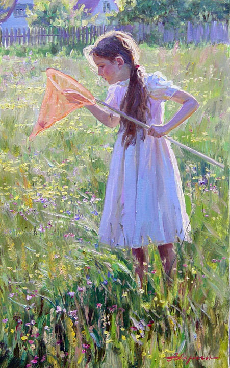 In village, Alexandr Averin- girl, butterfly net, meadow, summer, painting, impressionism