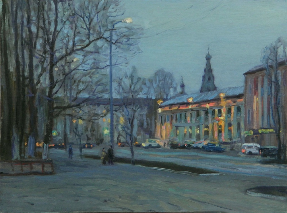 Сумерки, Рем Сайфульмулюков- картина, городской пейзаж, вечер, церковь, реализм