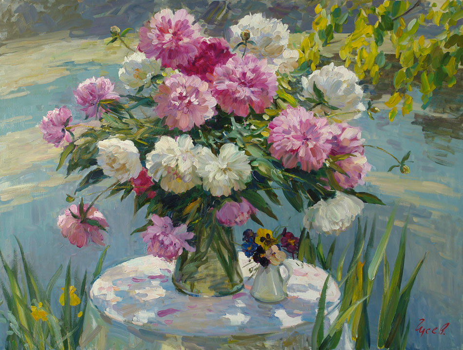 Peonies, Vladimir Gusev- flowers in a vase, beach pond, table, pansies, painting