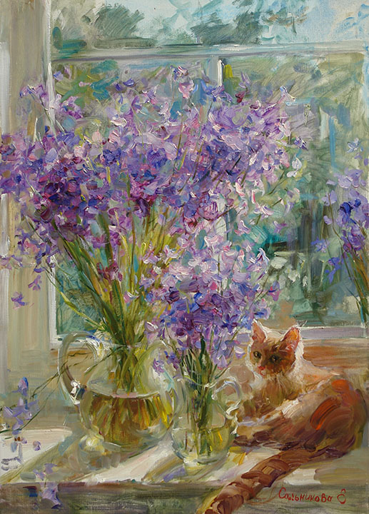 Муся в колокольчиках, Елена Сальникова- картина с кошкой, импрессионизм, полевые цветы, подоконник