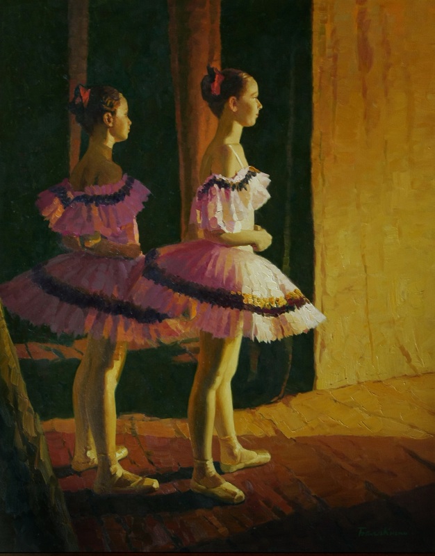 Beginning, Evgeny Balakshin- painting, ballerinas on a scene, expectation, nervousness