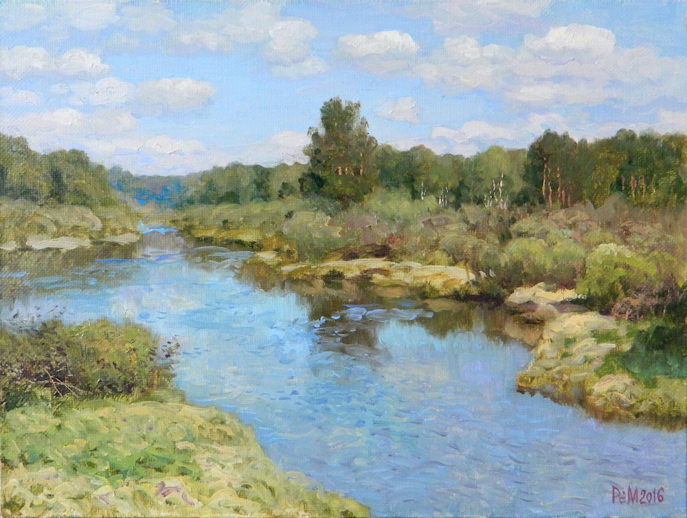 River Pra. April, Rem Saifulmulukov- painting, summer, river, forest, clouds, blue sky, landscape