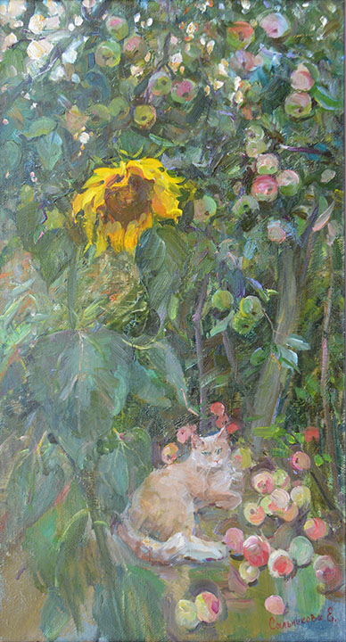 Cat and sunflower, Elena Salnikova