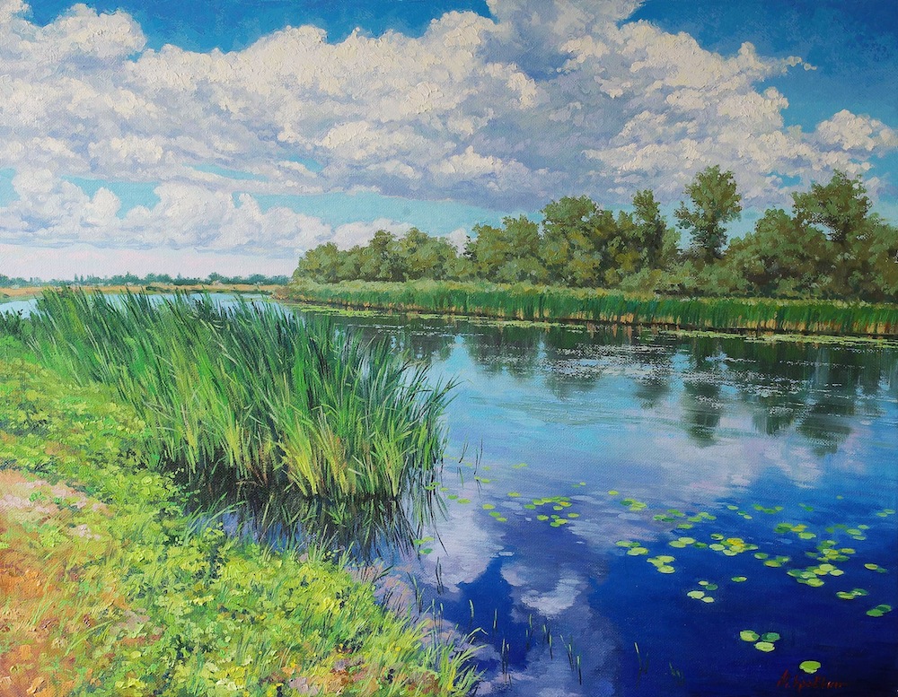By the river, Mikhail Brovkin- painting, river, summer day, cloudy sky, reeds