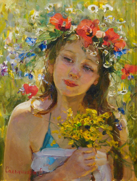 Летом, Елена Сальникова- картина, девушка, лето, полевые цветы, красота