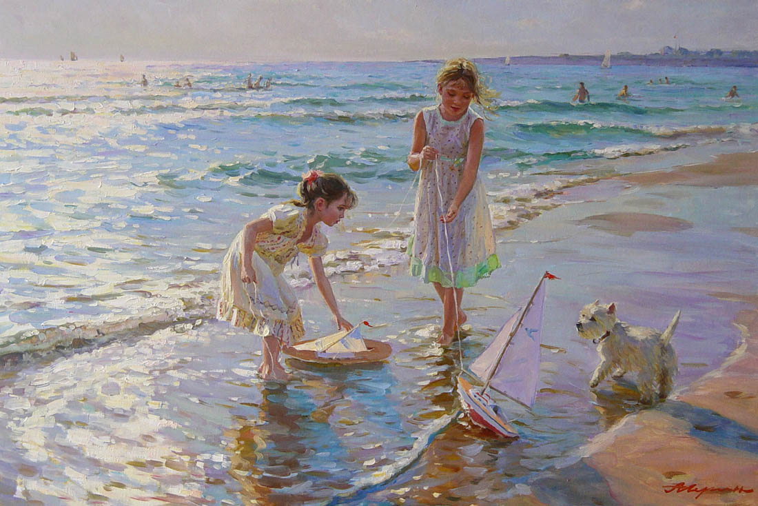Children’s amusement #1, Alexandr Averin- blue sea, kids, dog, kite flying, painting