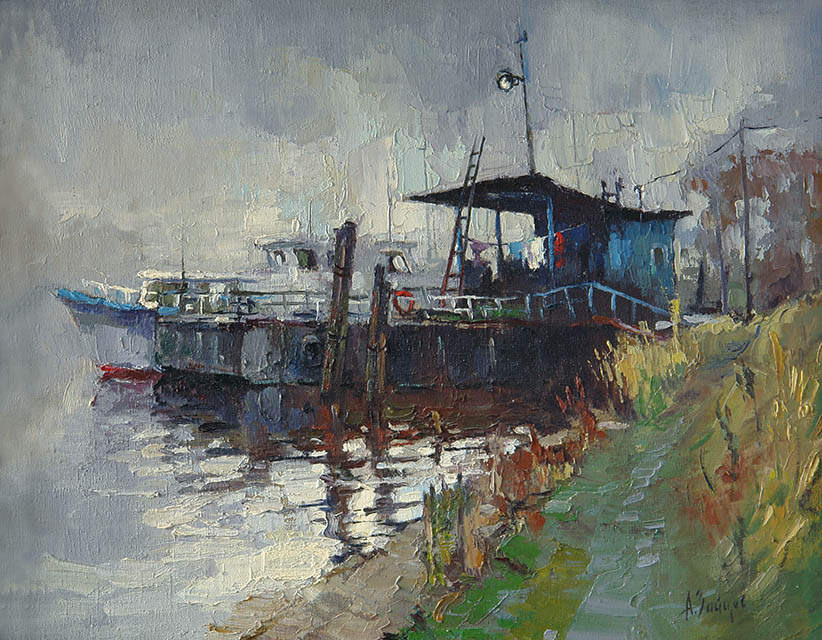 The small pier, Alexi Zaitsev- ships, river landscape, painting, impressionism