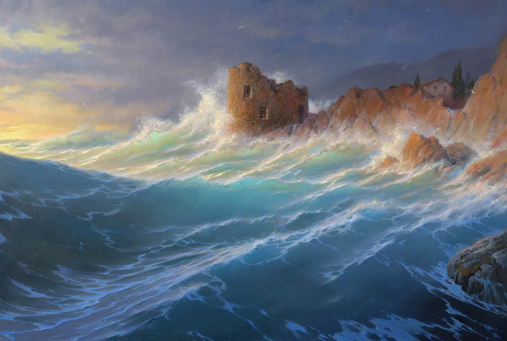 At sunset., George Dmitriev- painting, seascape, storm, wave sunlit, realism