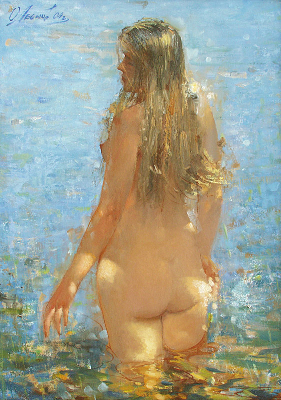 Озеро, Олег Леонов- картина, обнаженная девушка у озера, купание, ню