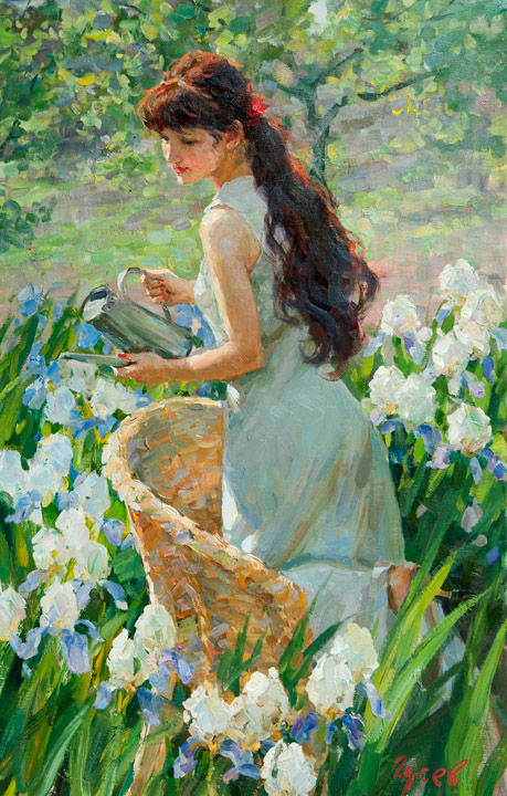 Ирисы, Владимир Гусев- картина, девушка, весна, сад, цветы, ирисы