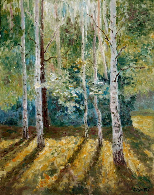 Long Shadows in the Forest, Vladimir Volosov- painting,slender birch trees in the forest, summer landscape