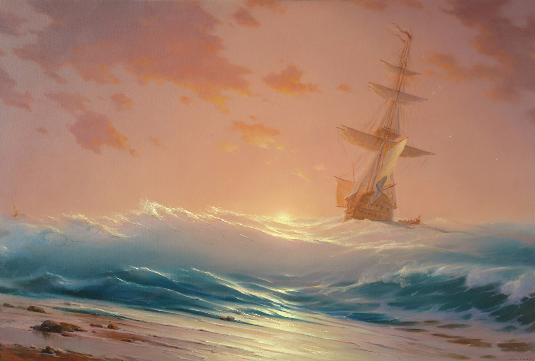 At dawn, George Dmitriev- картина, морской пейзаж, парусник, восход солнца, волны