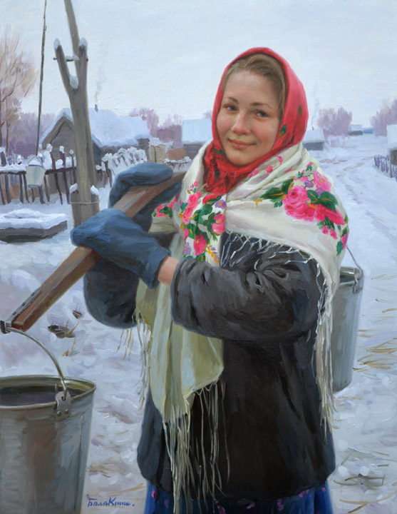 Saturday day, Evgeny Balakshin- painting, winter day, the Russian beauty, village, realism