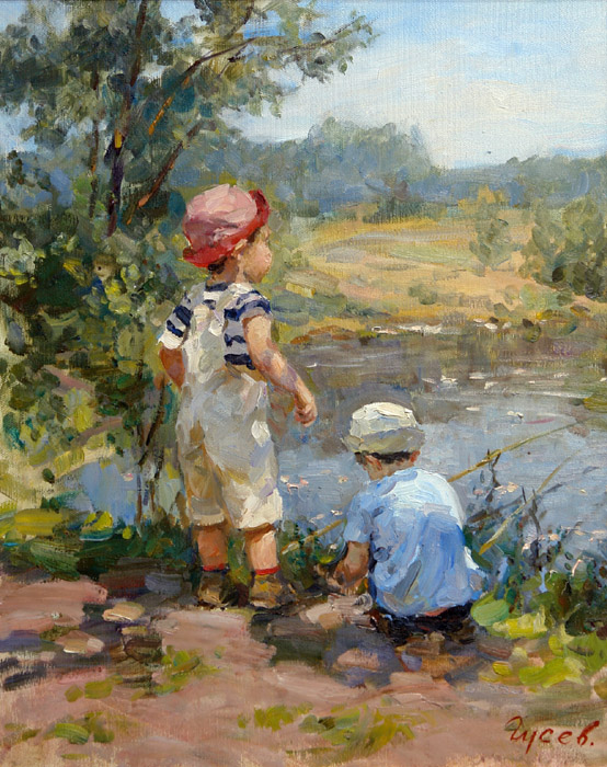 На рыбалке, Владимир Гусев- картина, мальчишки, рыбалке, река, импрессионизм